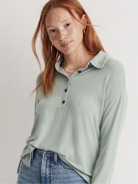 Madewell Dreamiest Knit Long-Sleeve Henley Polo in Frosted Sage